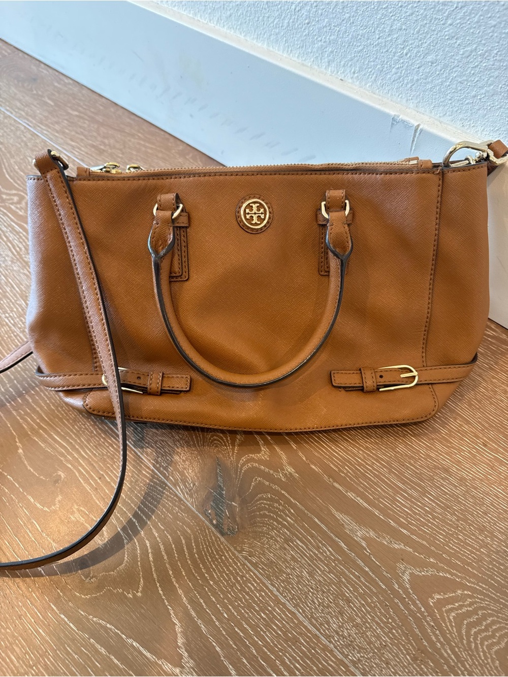 Tory Burch Cognac Leather Satchel with Gold-Tone Logo